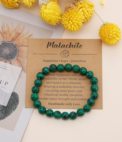 BOMAIL Natural Stone Bracelet for Women Men - 8MM Semi-Precious Gemstone Beaded Bracelet Healing Crystal Stretch Bracelet Yoga Bracelets Jewelry - color: Malachite