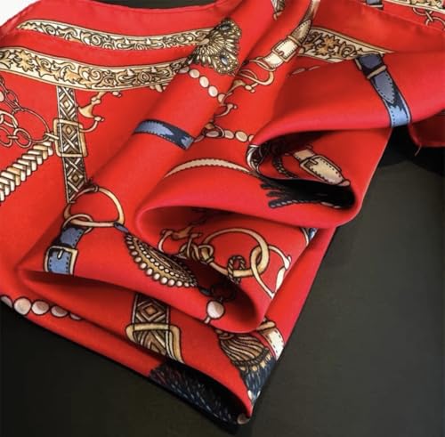 ANDANTINO 100% Mulberry Silk Scarf -21” Lightweight Square Neckerchief – Breathable Digital Printed Scarves with Gift Packed - color: Chains-gold&red