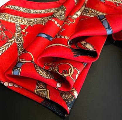 ANDANTINO 100% Mulberry Silk Scarf -21” Lightweight Square Neckerchief – Breathable Digital Printed Scarves with Gift Packed - color: Chains-gold&red