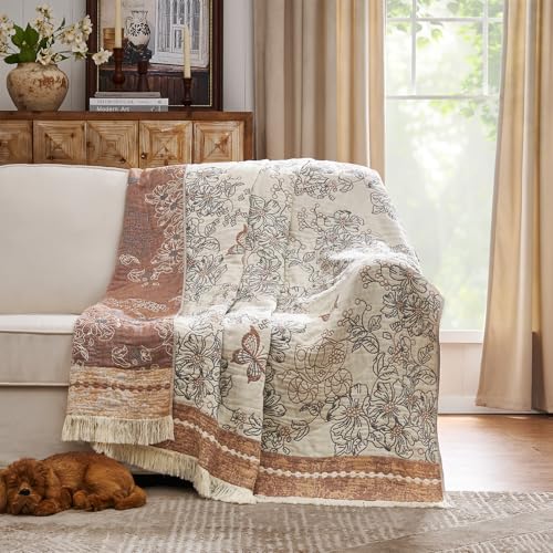 JINCHAN Boho Floral 100% Cotton Blanket 4-Layer Throw Blanket with Tassel Taupe and White Flower Butterfly Soft Luxury Rustic Farmhouse Decor Blanket for Couch Bed 60x80 inch All Season gift for women - color: Butterfly Taupe and White, size: 60"x80"