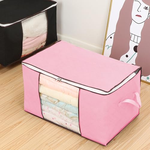 Large Zippered Storage Bag, 23×16×14in Foldable Storage Bag, for Comforter, Pillow, Quilt, Blanket Organizers, Bedding, Clothes, with Large Clear Window and Carry Handles Space Saver, Pink