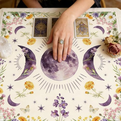 Tarot Altar Cloth Moon Phases and Wildflowers Print Card Table Tablecloth Plants Tablecloth with Tarot Bag for Reading Rituals Crystals Spiritual Divination Witchcraft Supplies - color: Moon Phases and Wildflowers