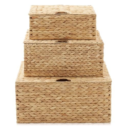 Casafield Set of 3 Water Hyacinth Rectangular Storage Baskets with Lids (Natural - Small/Medium/Large) for Bedroom, Bathroom, Laundry, Home Office