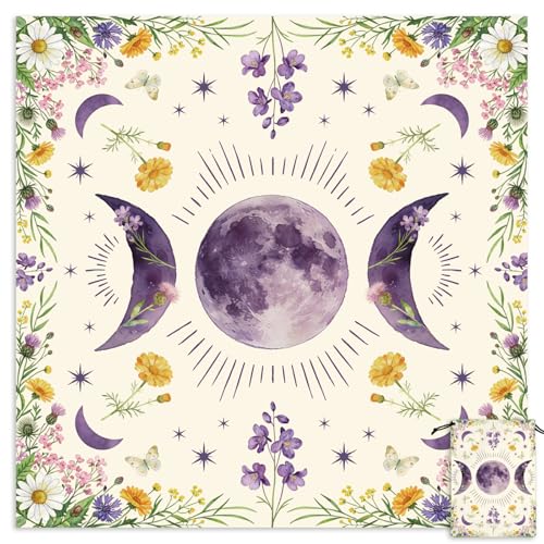 Tarot Altar Cloth Moon Phases and Wildflowers Print Card Table Tablecloth Plants Tablecloth with Tarot Bag for Reading Rituals Crystals Spiritual Divination Witchcraft Supplies - color: Moon Phases and Wildflowers