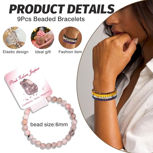 BOMAIL 9Pcs Healing Crystal Bracelets for Women Men 4mm 6mm 8mm Natural Stone Beaded Stretch Bracelet Set Handmade Gemstone Reiki Spiritual Jewelry Gifts - color: B:6mm