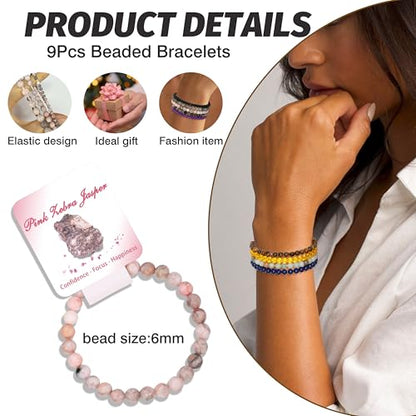 BOMAIL 9Pcs Healing Crystal Bracelets for Women Men 4mm 6mm 8mm Natural Stone Beaded Stretch Bracelet Set Handmade Gemstone Reiki Spiritual Jewelry Gifts - color: B:6mm