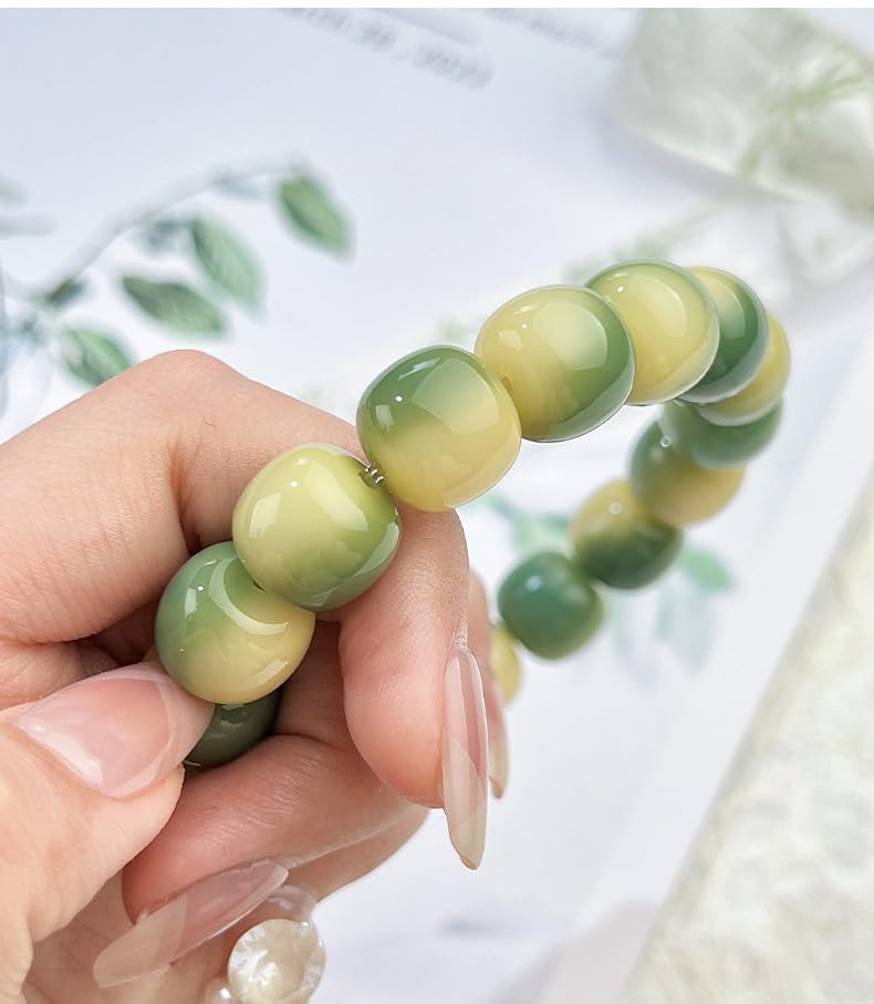 MUDI Bracelet For Women, Bodhi Seed Beads Bracelets Fidget Healing Energy Protection Stretch to My Man Jewelry Gift - color: Round Green Like Lime