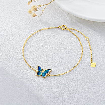 Real 14k Gold Blue Butterfly Bracelet for Women, Solid 14 Karat Gold Animal Lover Wrist Jewelry Gifts for Her, 6.8-8.4