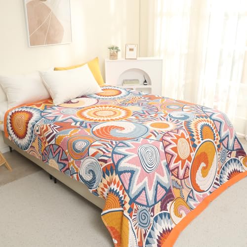 Snycler Boho Throw Blanket for Bed - 100% Cotton Ultra Soft Rustic Quilt Fall Blanket - Orange Floral Printed Farmhouse Decor Bed Blankets, 60"×80" All Season Rustic Throw for Sofa Couch Chair - color: Boho Orange, size: 60"x80"
