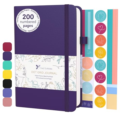 Dotted Journal – 140gsm Bleed Proof Thick White Paper – 200 Numbered Dot Grid Pages – 5.8 x 8.3 inch Bullet Dotted Notebook - color: purple