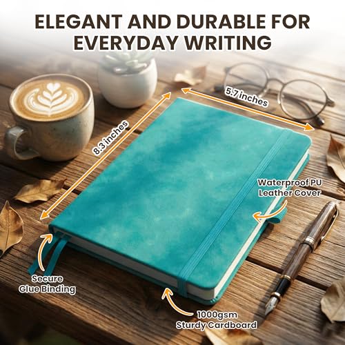 Decorably 312 Pages A5 Teal Journal Lined Notebook for Women & Men, 5.7x8.3in PU Leatherbound Hardcover, Table of Contents, Ribbon Bookmarks, Pen Holder & Back Pocket - School, Work