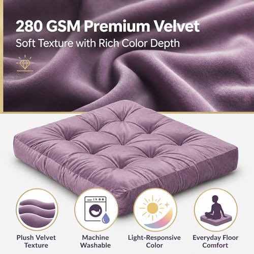 Meditation Cushion Set of 2, Floor Cushions for Adults, Velvet Floor Pillows for Sitting, Tufted Seat Cushions for Yoga, Living Room, Bedroom & Reading Nook, Machine Washable, 22 x 22 Inch, Lavender
