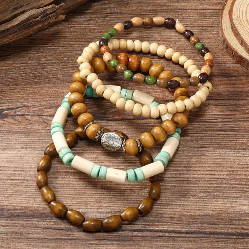 9 Piece Mushroom Wooden Beads Bracelets for Women Men Vintage Beaded Bracelet Wood Bangles Wristbands Commemorative Gift