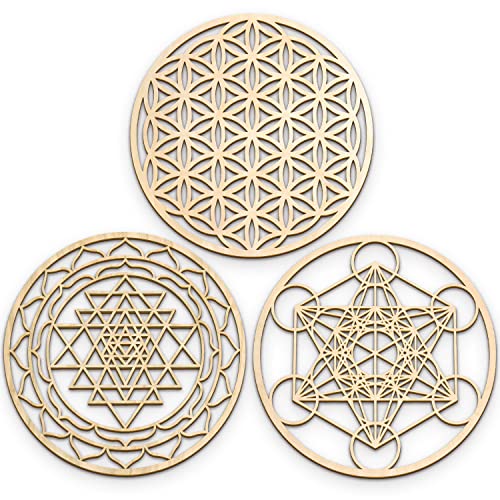 Fourth Level MFG 3-Piece 12" Sacred Geometry Wood Wall Art Set A (Flower of Life, Metatron's Cube, Sri Yantra), Zen Home Decor for Yoga/Meditation, Wooden Wall Hanging Sculptures, Chakra Artworks - color: 12" Set A (Flower of Life, Metatron\'s Cube, Sri Y