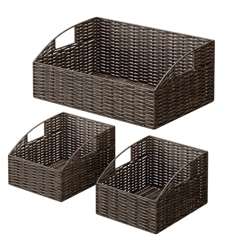 Rattan Storage Baskets, Handwoven Wicker Storage Bins with Built-in Handles, Storage Container Baskets for Shelves, Bedroom, Bathroom, Laundry Room or Kitchen(Brown) - color: Brown