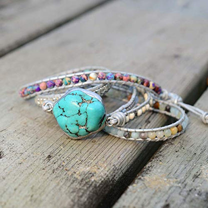 Boho Wrap Bracelet for Women, Handmade Natural Imperial Jasper Multi-Layer Stone Beaded Bracelet, Bohemian Healing Crystal Stone Jewelry Gifts - color: Turquoises