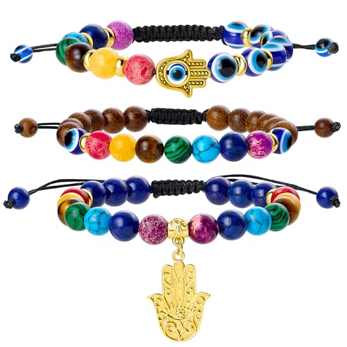 Bivei Chakra Bead Bracelets for Women - 8mm 7 Chakra Bracelet With Real Stones Yoga Gemstone Jewelry 3 Pack - style: #1 Set of 3 khamsah