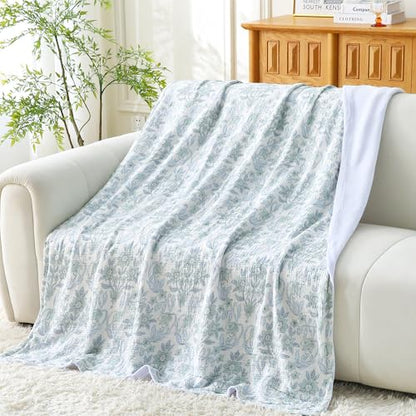 Viviland Cotton Muslin Blanket Reversible Fleece Blanket Lightweight Breathable Gauze King Size 108 x 90 Inches, Green Narcissus - color: Green Narcissus, size: King Size (90 X 108 Inches)