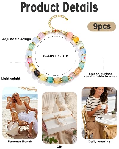 BOMAIL 9PCS Colorful Beaded Bracelets for Women Boho Multicolor Acrylic Resin Beads Bracelets Set Adjustable Statement Bracelet Summer Beaded Jewelry