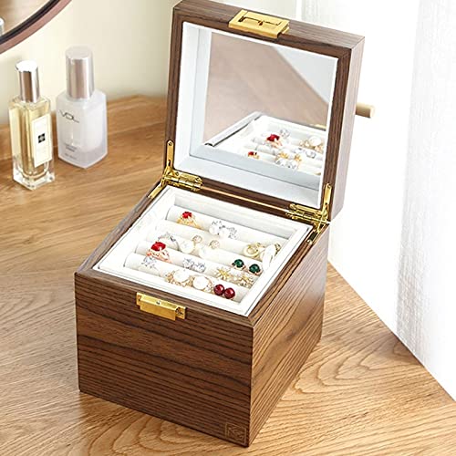 DNCG Storage Bins Large 3-Layer Wooden Jewelry Box Luxurious Earring Necklace Desktop Cosmetic Storage Box with Portable Handle and Safety