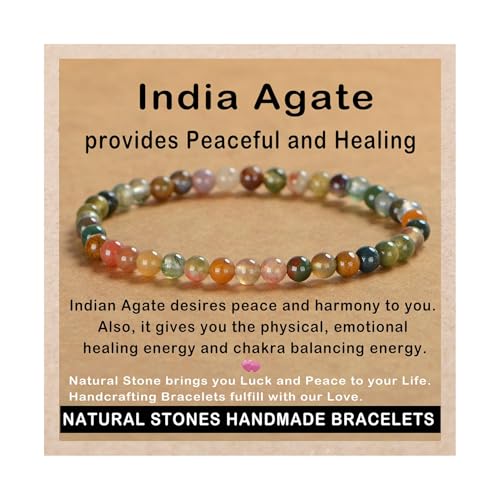 AD Beads Handmade Gemstone Stretch Elastic Bracelet Crystal Healing Reiki Nature's Beauty and Spiritual Essence Unisex - color: Indian Agate, size: 4mm