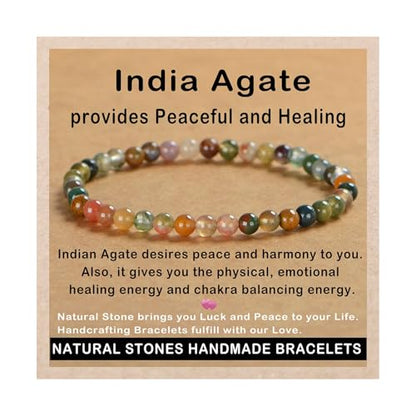 AD Beads Handmade Gemstone Stretch Elastic Bracelet Crystal Healing Reiki Nature's Beauty and Spiritual Essence Unisex - color: Indian Agate, size: 4mm