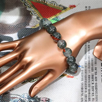 Keleny Semi Precious Stones Natural Gemstones 12mm Round Beads Crystal Stretch Bracelets 7 Inch Unisex - color: Grey African Bloodstone