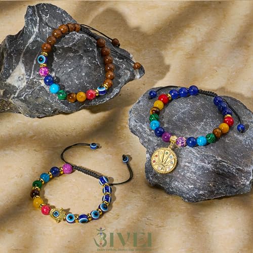 Bivei Chakra Bead Bracelets for Women - 8mm 7 Chakra Bracelet With Real Stones Yoga Gemstone Jewelry 3 Pack - style: #1 Set of 3 Evil Eye