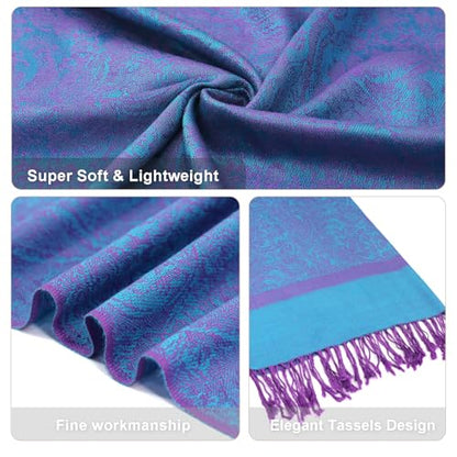 Silky Paisley Pashmina Shawl Scarf-Women's Soft Double-side Jacquard Pashminas Wrap for Evening Dress Travel Shawl - color: A-blue/Purple