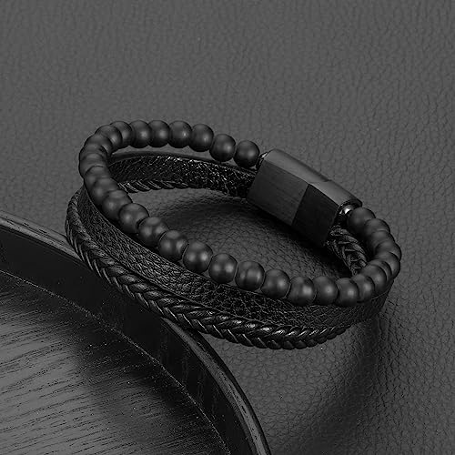 FOCOOG Leather Bead Bracelets for Men, Natural Tiger Eye Lava Rock Stone Bead Magnetic Clasp Adjustable Leather Bracelets Stress Relief Mens Anxiety Bracelet Mens Jewelry Gifts - style: Black Leather-Matte Agate Bead