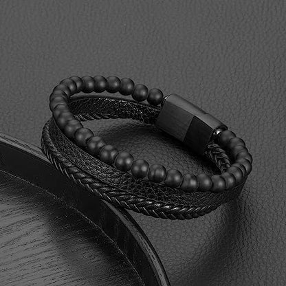 FOCOOG Leather Bead Bracelets for Men, Natural Tiger Eye Lava Rock Stone Bead Magnetic Clasp Adjustable Leather Bracelets Stress Relief Mens Anxiety Bracelet Mens Jewelry Gifts - style: Black Leather-Matte Agate Bead