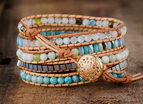 Boho Wrap Bracelet for Women, Handmade Natural Imperial Jasper Multi-Layer Stone Beaded Bracelet, Bohemian Healing Crystal Stone Jewelry Gifts - color: Amazonite