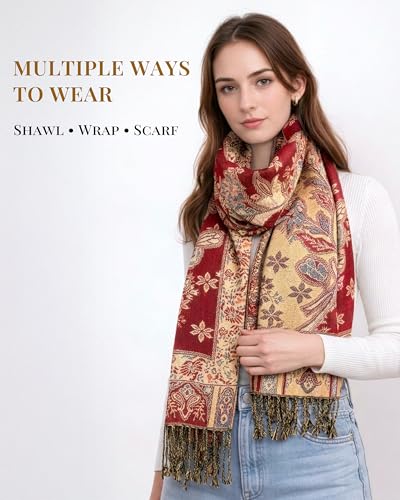 Achillea Elegant Paisley Floral Pashmina Shawl and Wrap – Boho Rave Scarf for Festival, Travel & Everyday Wear - color: Red Beige