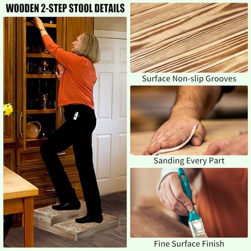 Wooden 2 Step Stool for High Beds, Moderate & Applicable 2-Step Stools for Seniors, Solid Wood steppingStool, Built-in Handle for Easy Carrying, 25.6" W - size: 25.6" W