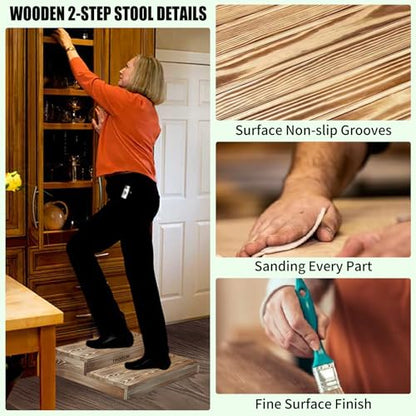 Wooden 2 Step Stool for High Beds, Moderate & Applicable 2-Step Stools for Seniors, Solid Wood steppingStool, Built-in Handle for Easy Carrying, 25.6" W - size: 25.6" W