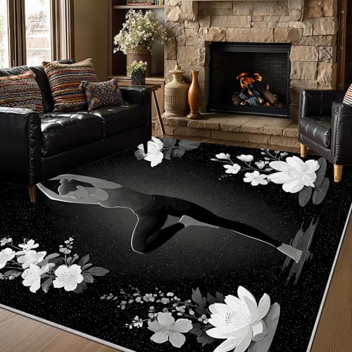 Yoga Silhouette 4x6 Area Rug - Washable Non Slip Meditation Rugs, Low Pile Accent Carpet - Soft Indoor White Flower Rug for Living Room, Bedroom, Dining Room, Entryway, Home Decor - Black - color: Deep Black -93, size: 4' x 6' (Rectangular)