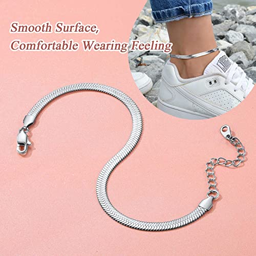 FindChic Elegant Herringbone Snake Chain Anklets/Bracelets 3MM/5MM Width Stainless Steel/18K Gold/Rose Gold Plated/Black 4 Color Options, 8.3'' 8.5'' 10.5'' Length, with Gift Box - color: A: 5mm 8.5'' anklet (Stainless Steel)