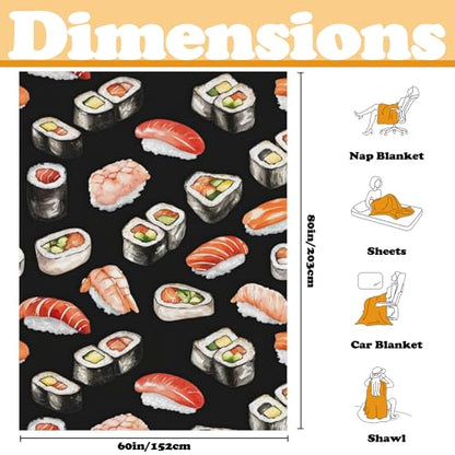 Sushi Food Lightweight Flannel Bedding Blanket,Washable Fleece Throw Blanket for Bed, Couch, Sofa, Camping,80''x 60''