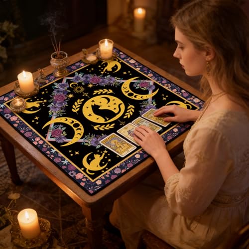 Tarot Altar Cloth Cat and Moon Phases Print Card Table Tablecloth Pueple Flowers Tablecloth with Tarot Bag for Reading Rituals Crystals Spiritual Divination Witchcraft Supplies - color: Cat and Moon Phases