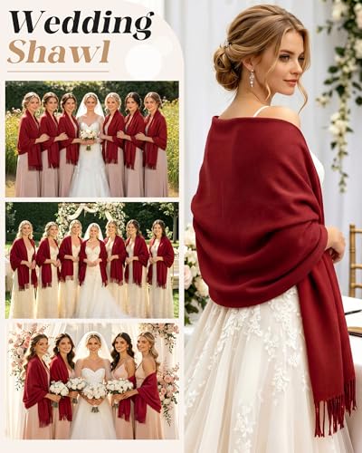 Winter Scarf for Women Pashmina Shawls and Wraps for Evening Dresses Wedding Party Bridesmaid Warm Long Scarves Shawl - color: Wine Red