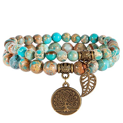 Bivei Natural Semi Precious Gemstone beads bracelet for women - Life Tree and Leaf Charm Energy Reiki Crystal Stretch Bracelets - color: Sea Sediment Bracelet Set, size: Small:6.61-6.7inch