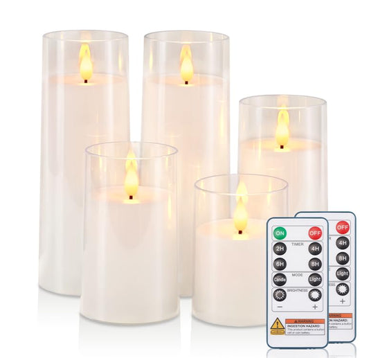 Raycare Flameless Candles Battery Operated with Remote Timer, Acrylic Flickering LED Pillar Candle for Valentine's Day, Home Decor, Gift for Family and Friend, White, Set of 5 - color: White-5pcs
