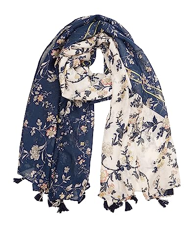 YOUR SMILE Large Boho Scarf for Women Lightweight Floral Printed Scarves Fall Winter Fashion Fringed Shawl wraps - color: 20 Navy/White Flower