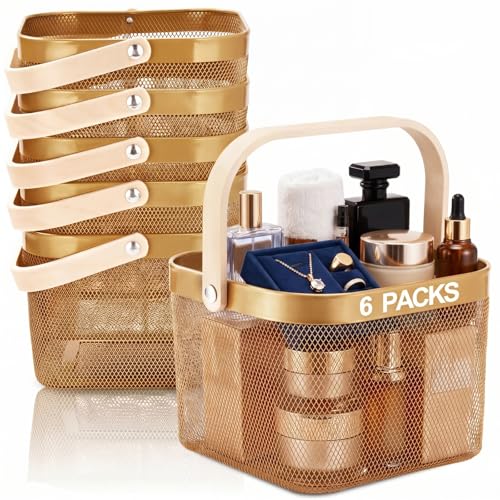 Roshtia Gold Metal Wire Storage Basket with Wooden Handle, Luxury Decorative Organizer Bin for Bathroom Counter, Coffee Bar, Vanity, Wedding Gift Basket, Farmhouse Storage 9.65 Inch - color: Gold, size: 9.65 x 9.65 x 7.09 Inch