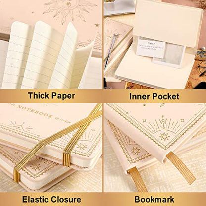 Ruled Notebook/Journal – Premium Thick Paper Faux Leather Classic Writing Notebook with Pocket + Page Dividers Gifts, Banded, Large, 144 Pages, Hard Cover, Lined (5.8 x 8.4) - White Sun Goddess - color: white