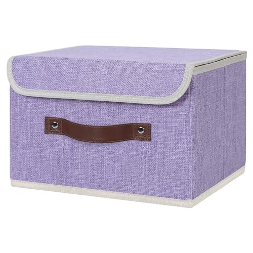 ANMINY Storage Bin with Lid Storage Boxes with PU Leather Handles PP Plastic Board Decorative Foldable Lidded Cotton Linen Fabric Home Cubes Baskets Closet Organizer Container - Purple, Small Size - color: Purple, size: Small (Pack of 1)
