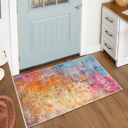 Lahome Modern Abstract Area Rug - 2x3 Small Kitchen Rug Washable Rugs for Entryway Colorful Bathroom Rug Non Slip, Rainbow Contemporary Front Indoor Doormat Floor Throw Carpet for Bedroom - color: Galaxy, size: 2' x 3'