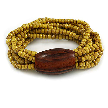 Avalaya Multistrand Dusty Yellow Glass Bead with Brown Wooden Bead Flex Bracelet - Medium