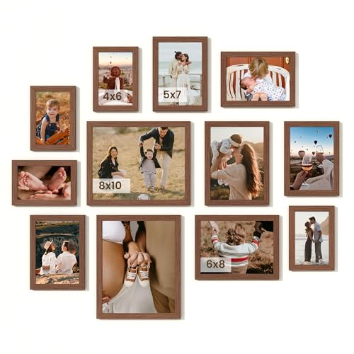 Heimlove Walnut Wood Grain Collage Picture Frames Set of 12,Two 8x10,Two 6x8,Four 5x7,Four 4x6 Photo Frames,Gallery Wall Frame Set for Wall Mount or Tabletop Display - color: WALNUT WOOD GRAIN, size: 12 Pack