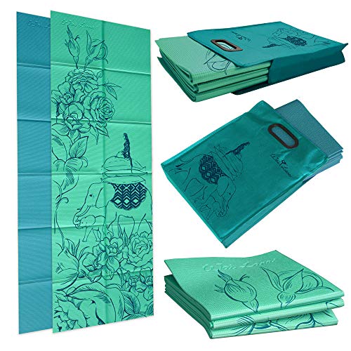 Folding Yoga Mat (Thickness: 4mm; Folded Size: 29cm x 30.5 cm x 5cm) and Tote – Mat Design: Wandering Elephants – Color: Azure Green – Eco-friendly PVC Mat - Wai Lana